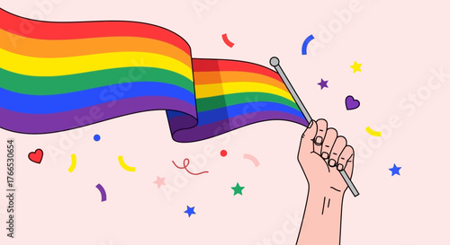 Pride Celebration Hand Holding a Rainbow Flag Among Confetti and Stars