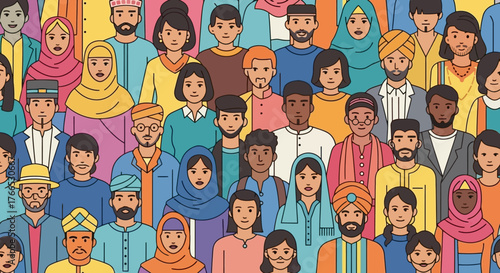 Diverse group of people from different cultures and backgrounds standing together in harmony