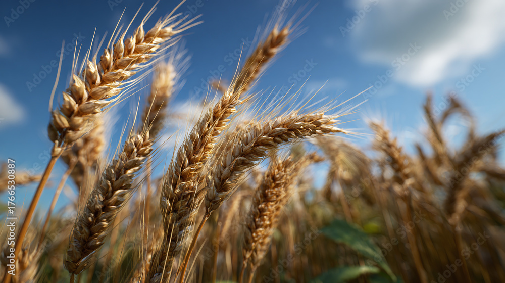 Fototapeta premium Golden wheat stalks reach for the blue sky in a field. Sunlight bathes the mature crop, promising a rich harvest season. Grain ready.