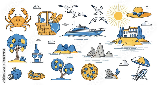 Summer Vacation Icons Seaside Picnic with Crab, Yacht, and Mediterranean Scenery