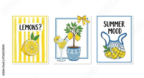 Set of cheerful lemon-themed summer illustrations with a vibrant, sunny mood