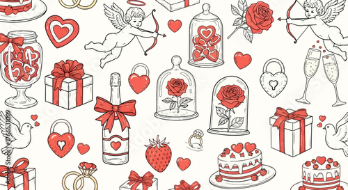 Valentine's Day Romantic Pattern with Hearts and Roses
