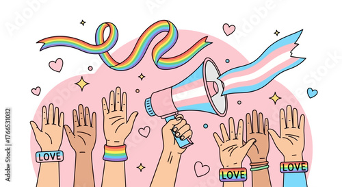 LGBTQ+ Pride Celebration Hands Raised in Support and Unity with Rainbows