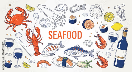 Seafood platter illustration featuring crab, lobster, fish, squid, and sushi delicacies