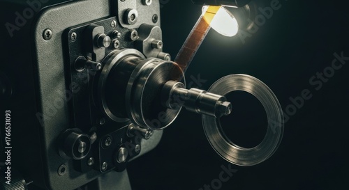 Close-up of a vintage film projector, light illuminating the moving filmstrip, dark background