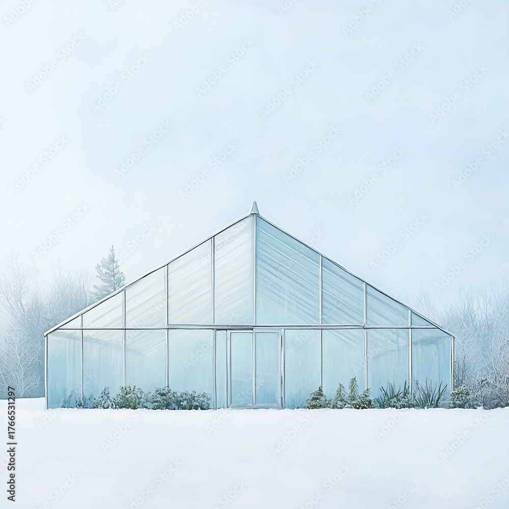 Obraz premium Glass greenhouse surrounded by snow during winter landscape 