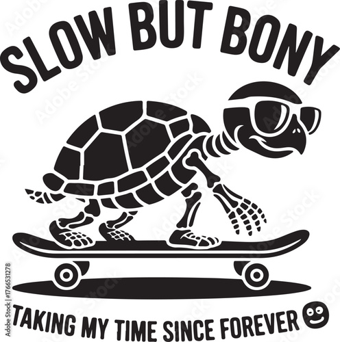 Black turtle wearing sunglasses rides a skateboard with text riding black and white