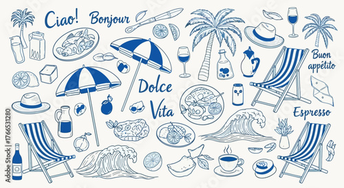 Summertime doodles of Mediterranean lifestyle, with sea, food, and relaxation symbols