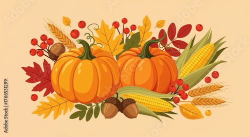 Celebrate autumn with this beautiful harvest bounty of pumpkins, corn, berries, and leaves, perfect for Thanksgiving designs and fall promotions
