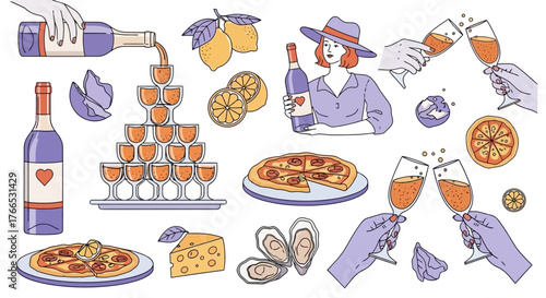 Celebratory Feast Wine, Pizza, and Oysters Illustration