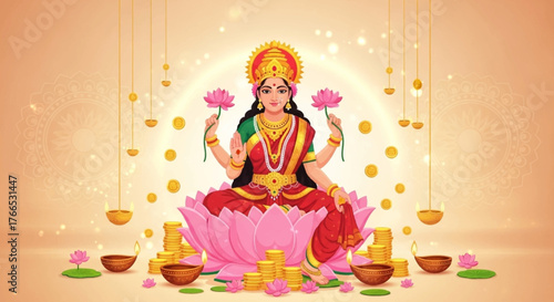 Invite prosperity and blessings with Lakshmi, goddess of wealth, lotus blooms, and golden light bringing abundance and good fortune to your home this Diwali