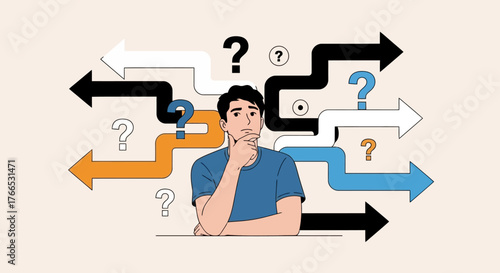 Confused Man with Arrows and Question Marks Illustration of Decision Making and Direction
