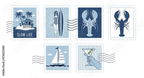 Vintage-Inspired Summer Themed Postage Stamps Illustration Set With Tropical Elements