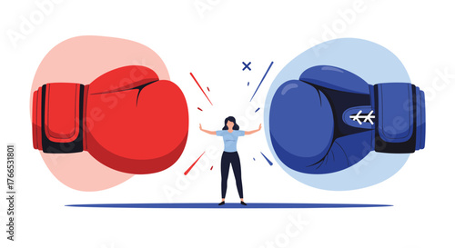 A person stands between two large boxing gloves representing a conflict or opposition.