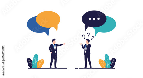 Two businessmen in suits communicate with each other, using speech bubbles and question marks to show dialogue or confusion.