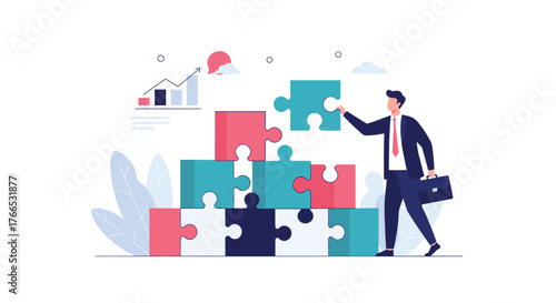 Business professional assembling puzzle pieces to build a staircase, symbolizing growth and strategy.