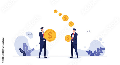 Two businessmen exchange large gold coins with dollar signs, representing financial transactions and wealth.