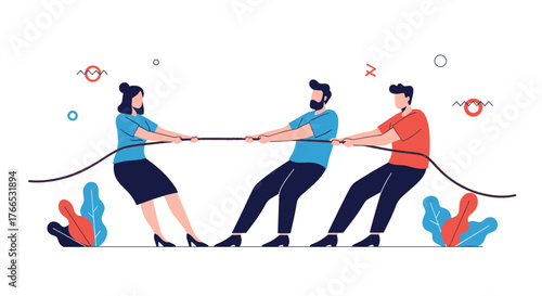 Three people in a tug of war competition, illustrating conflict and teamwork.