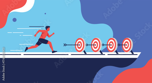 Man running towards multiple targets in a line, symbolizing achieving goals and success.