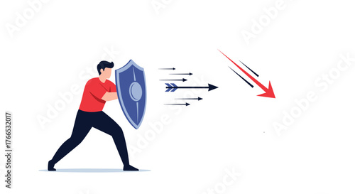 Man with shield defends himself from incoming arrows and a falling red arrow.