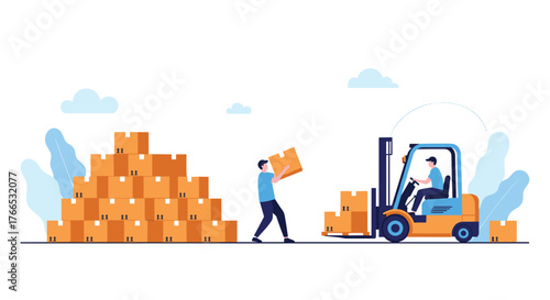 Warehouse worker loads boxes onto a forklift while another worker moves a box by hand.