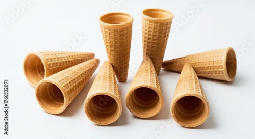 Close-up of various empty, light brown waffle cones, arranged against a white backdrop