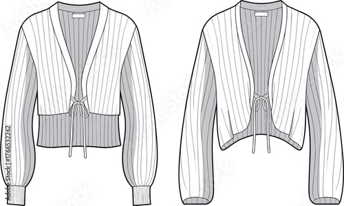 Cropped cardigan fashion sketch, front tie top, puff sleeve design, technical drawing, ribbed knitwear, garment flat, V-neck style