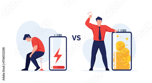 Businessmen comparison: one depleted with low energy, the other energized and filled with coins.