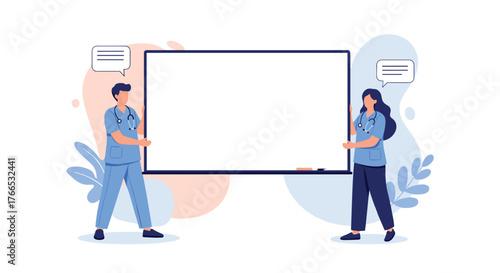 Two healthcare professionals, a man and a woman, hold up a blank whiteboard with speech bubbles above them.