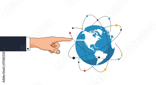 A hand in a suit jacket pointing at a stylized globe with orbiting colorful nodes.