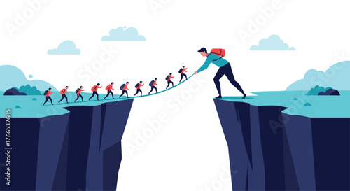 A leader extends a hand to help a team cross a dangerous chasm with a rope bridge.