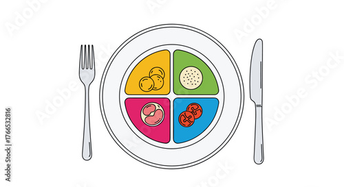 A divided plate with fork and knife, representing balanced nutrition with fruits, vegetables, grains, and protein.