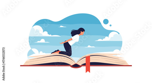 Young woman leaps from an open book into a bright blue sky with clouds.