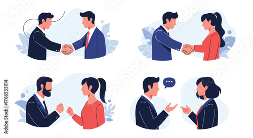 Four illustrations depict business people in professional settings, engaged in handshakes and discussions.
