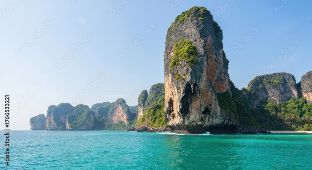 Fototapeta premium Coastal scene depicts towering, rocky cliffs rising from turquoise waters under a clear blue sky