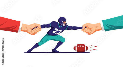 A football player is pulled in two directions by two hands, representing opposing forces or interests.