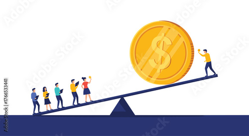 People balance a large dollar coin on a seesaw against a group of people carrying papers.
