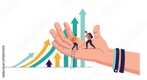 A helping hand supports two figures climbing upwards with a ladder amidst rising graphs and arrows.