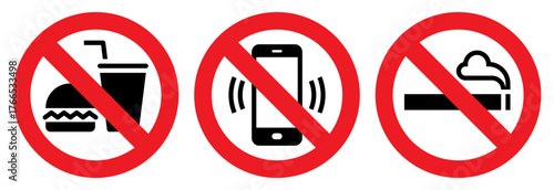 No eating and drinks allowed, No cell phone zone, No smoking symbols, stop, ban or prohibited icon set for public safety notices.