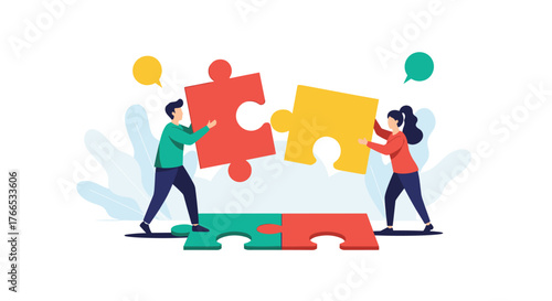 Two people work together to connect puzzle pieces, symbolizing teamwork and collaboration.
