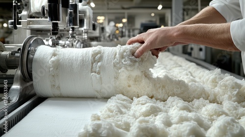 Worker carefully monitoring raw cotton output on machinery, ensuring quality and consistency for textiles production in a modern factory setting