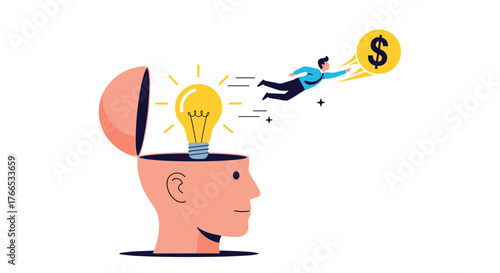 A businessman flies out of an open head with a bright idea and a dollar coin.