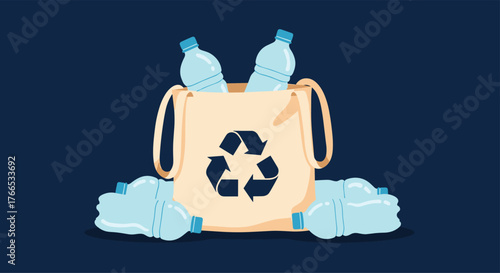 Illustration of a reusable tote bag filled with plastic bottles and a recycling symbol.