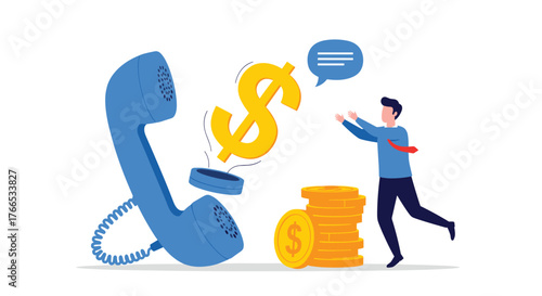 A ringing blue telephone launches a gold dollar sign towards a businessman reaching for it.