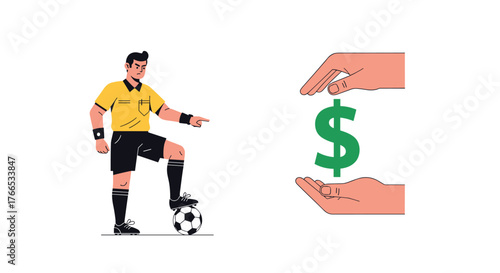 Soccer referee points towards hands holding a dollar sign, symbolizing financial aspects of the game.