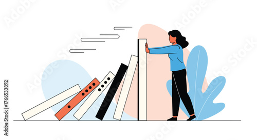 Woman stopping domino effect with her hand, symbolizing resilience and crisis management.