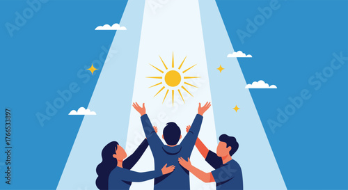 People reaching up towards a bright sunbeam with a radiant sun in a blue sky with clouds.