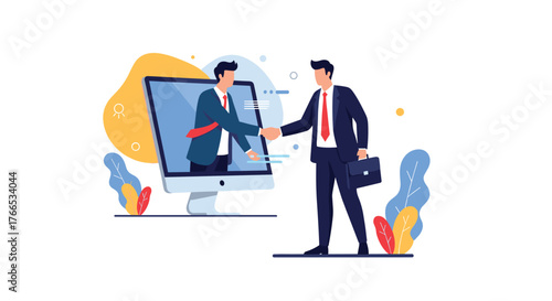 Two businessmen in suits shaking hands virtually through a computer screen, representing business collaboration.