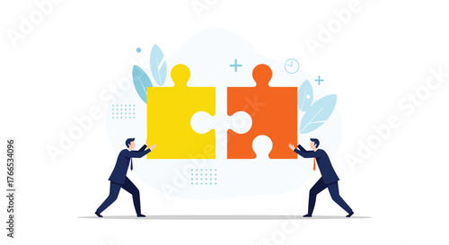 Two businessmen collaborate to connect two puzzle pieces, symbolizing teamwork and partnership.
