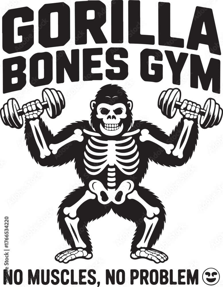 Fototapeta premium Gorilla Bones Gym ape lifting dumbbells comic style t shirt design fitness workout